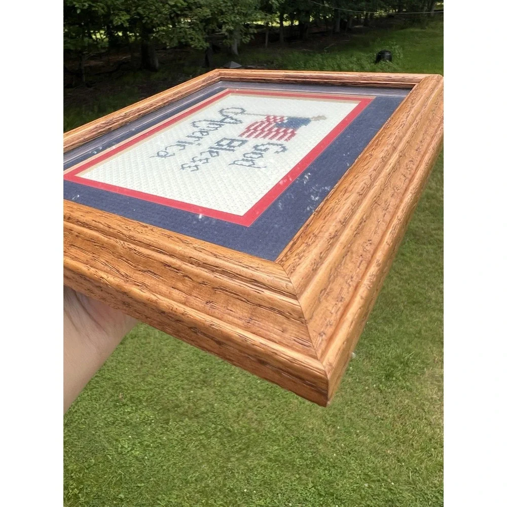 Handmade God Bless America Cross Stitch Framed Patriotic Flag Wall Art 9.5x7.5